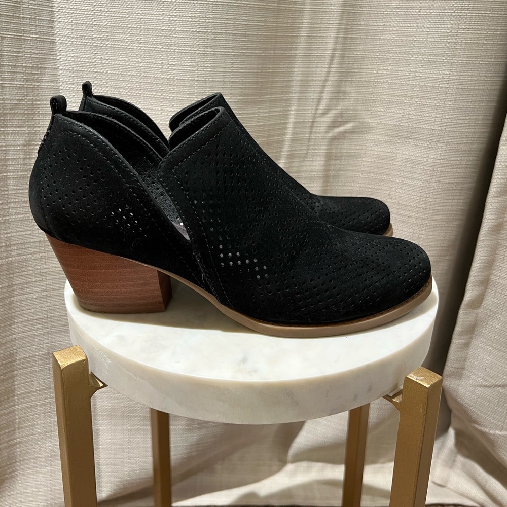 Black faux suede perforated bootie, 2” heel, slip on, women’s size 7.5